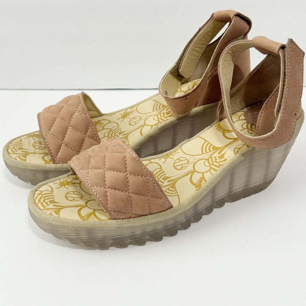 Fly London pink ankle strap wedge sandal size 39/8